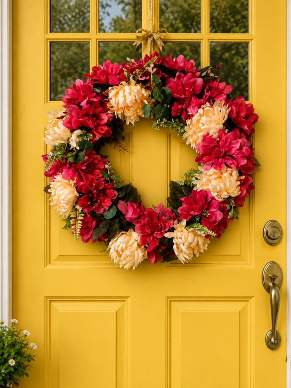 Spring Wreath For Front Door Fuschia & Peach Flowers Large Handmade 20x21”